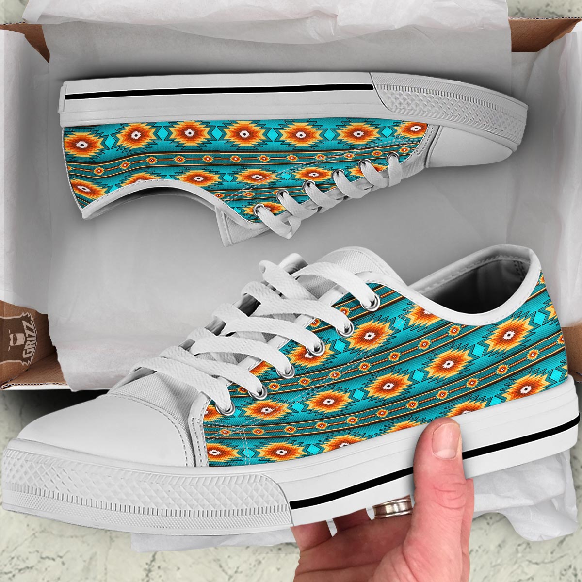 Navajo Teal Southwestern Print Pattern White Low Top Shoes-grizzshop