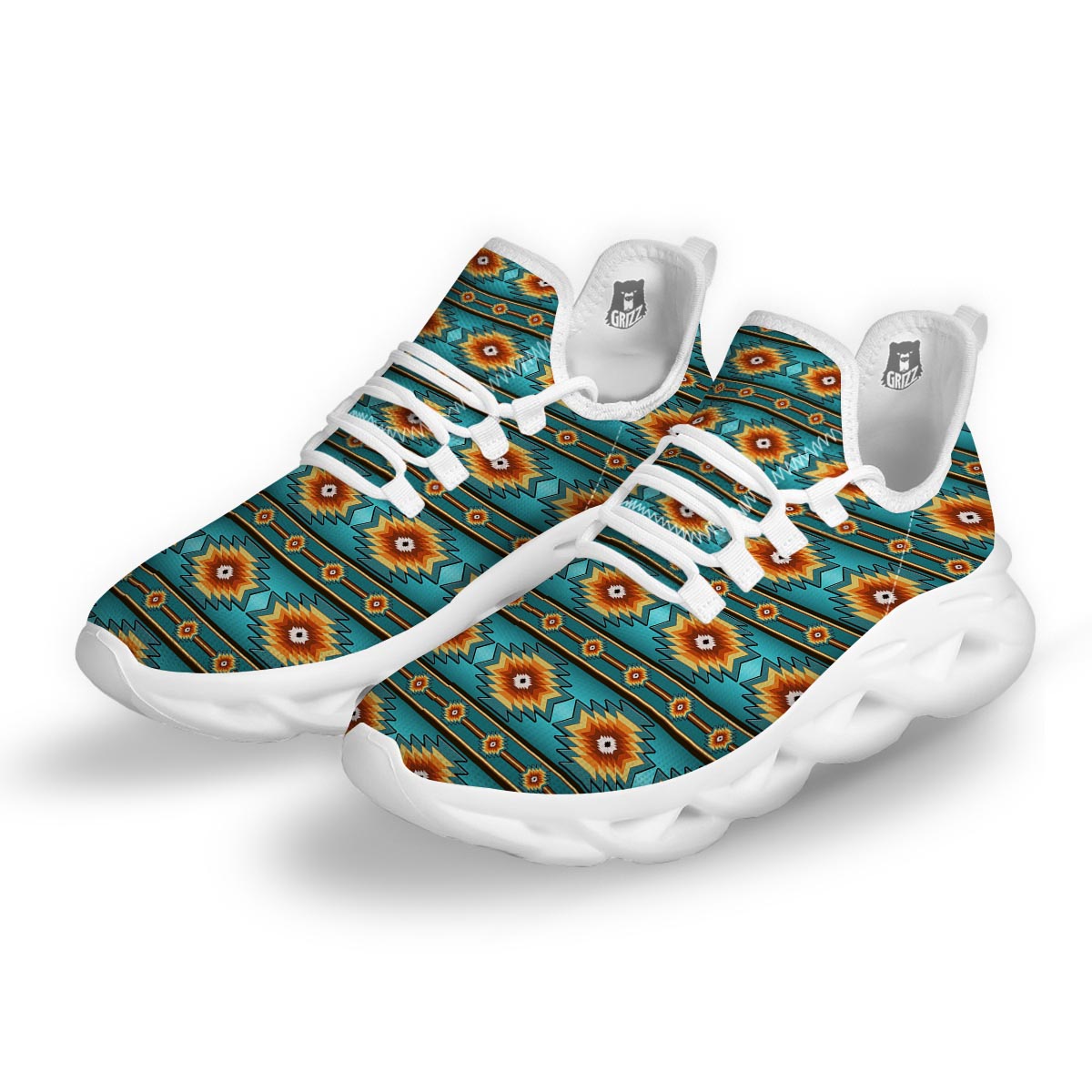 Navajo Teal Southwestern Print Pattern White Running Shoes-grizzshop