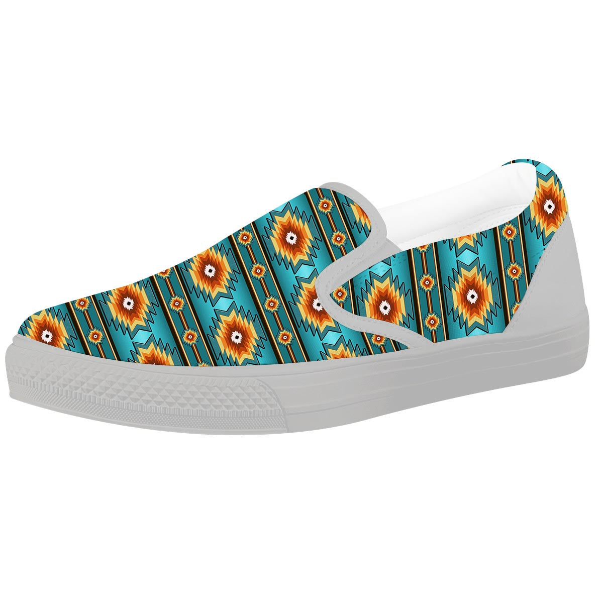 Navajo Teal Southwestern Print Pattern White Slip On Shoes-grizzshop