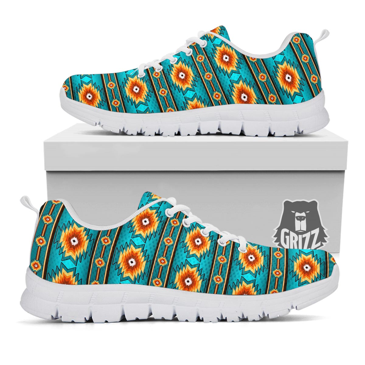 Navajo Teal Southwestern Print Pattern White Sneaker-grizzshop