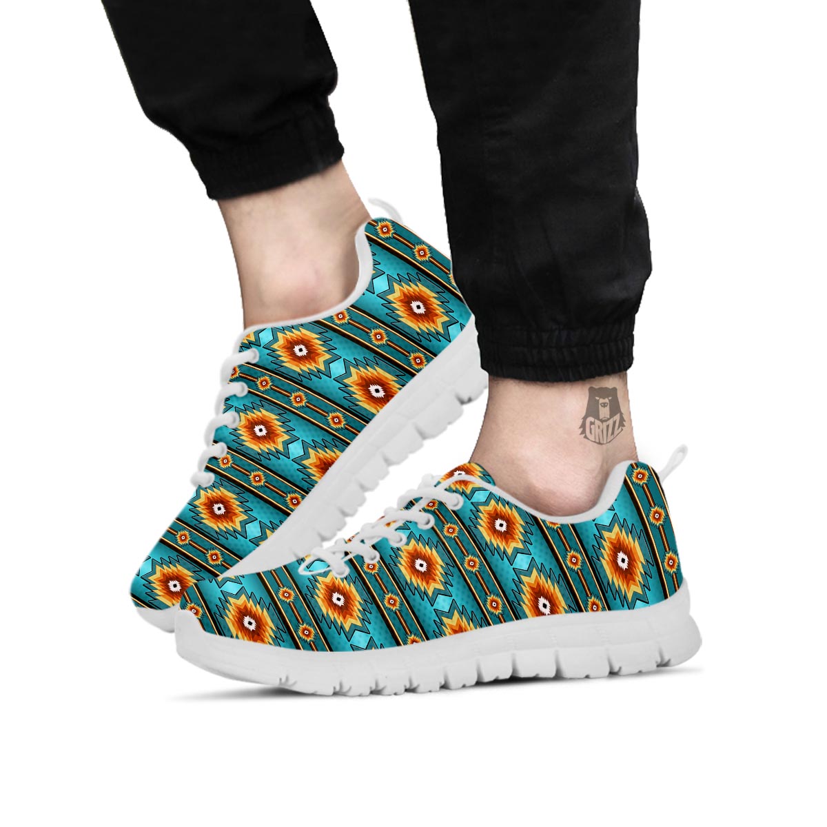 Navajo Teal Southwestern Print Pattern White Sneaker-grizzshop
