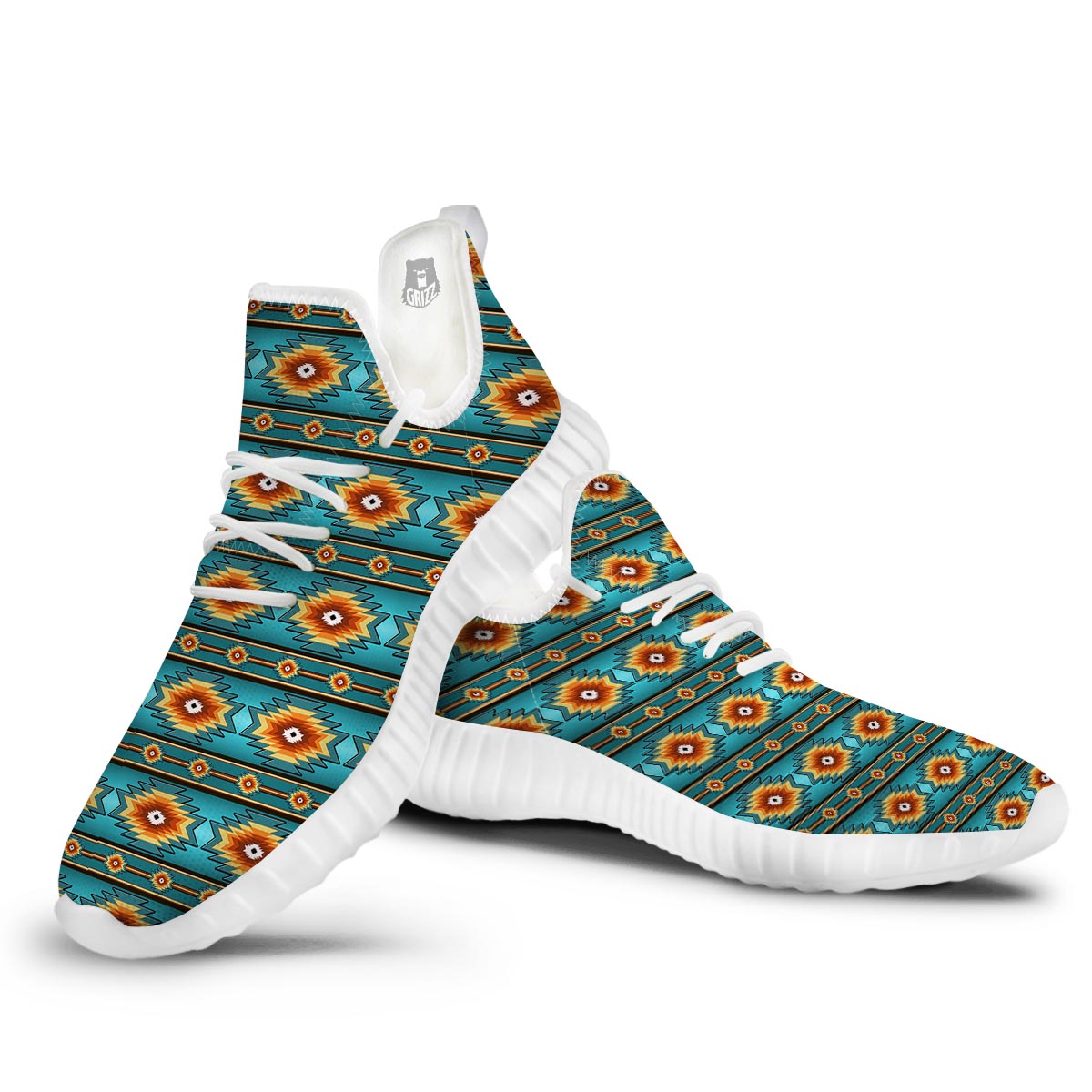 Navajo Teal Southwestern Print Pattern White Walking Shoes-grizzshop