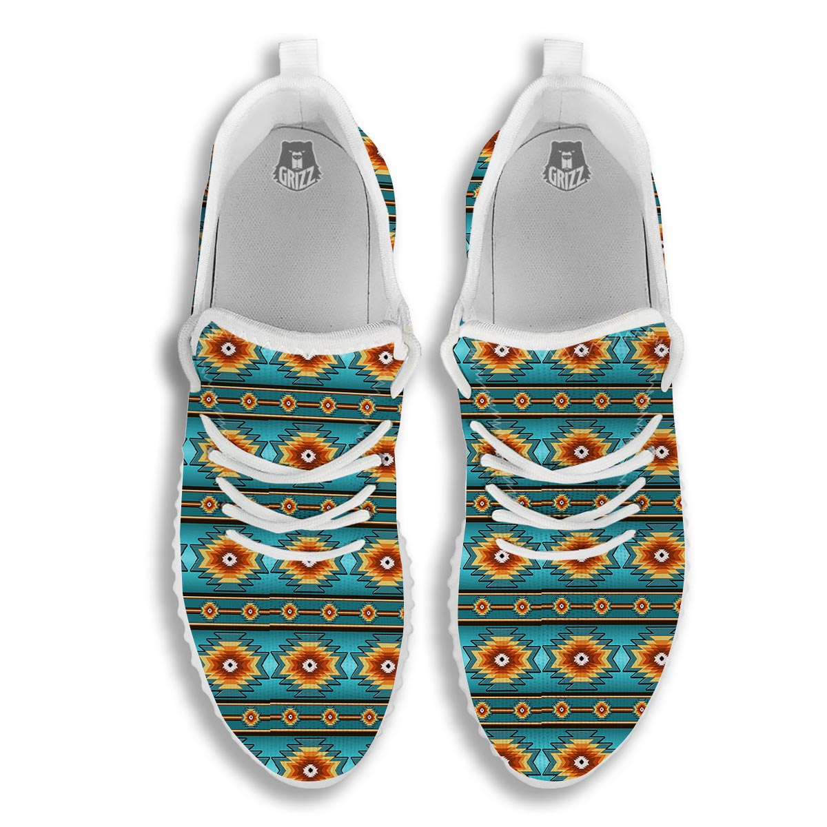 Navajo Teal Southwestern Print Pattern White Walking Shoes-grizzshop