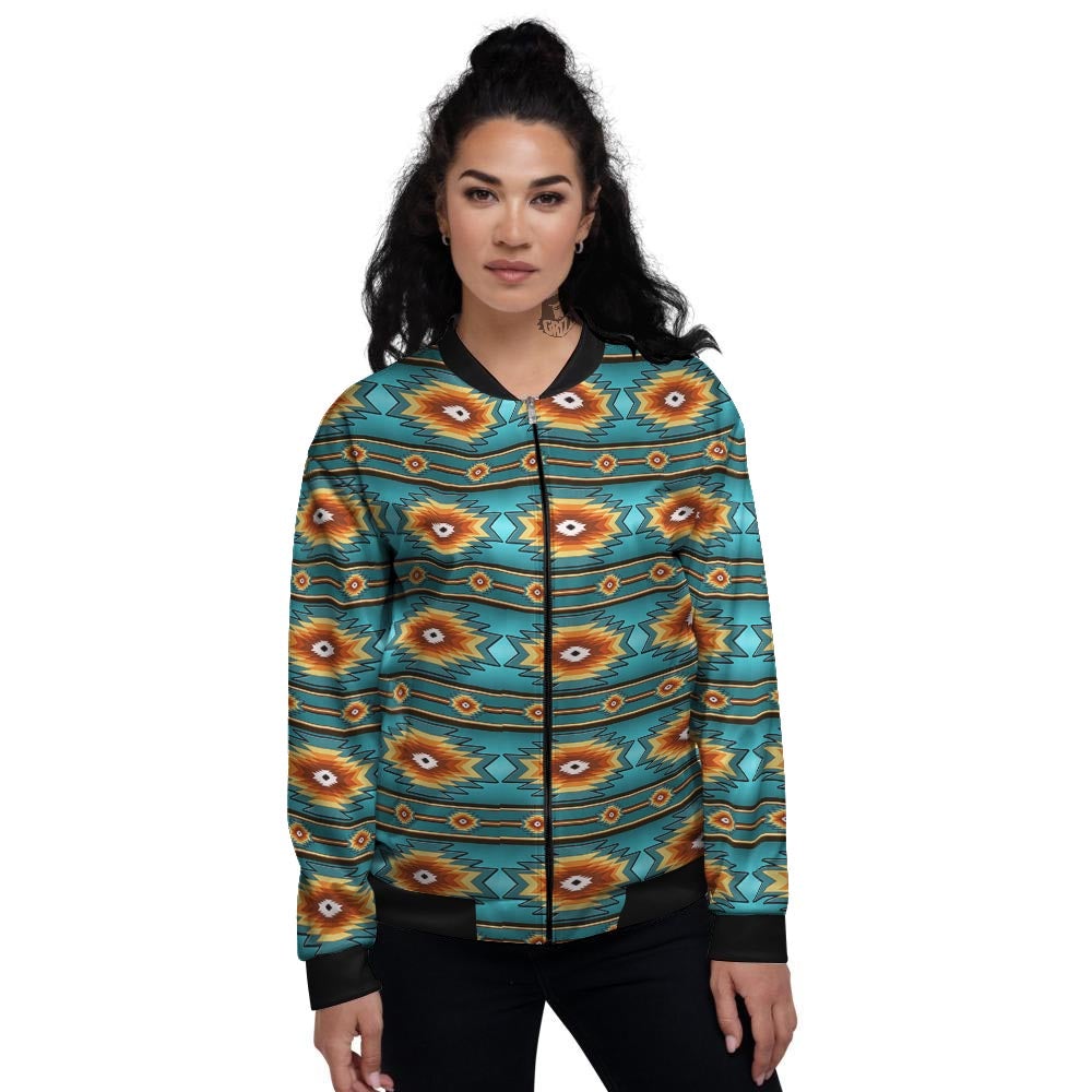 Navajo Teal Southwestern Print Pattern Women's Bomber Jacket-grizzshop