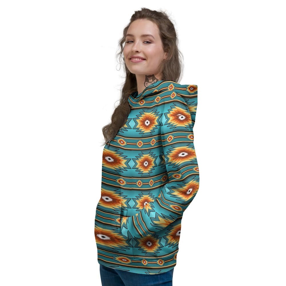 Navajo Teal Southwestern Print Pattern Women's Hoodie-grizzshop