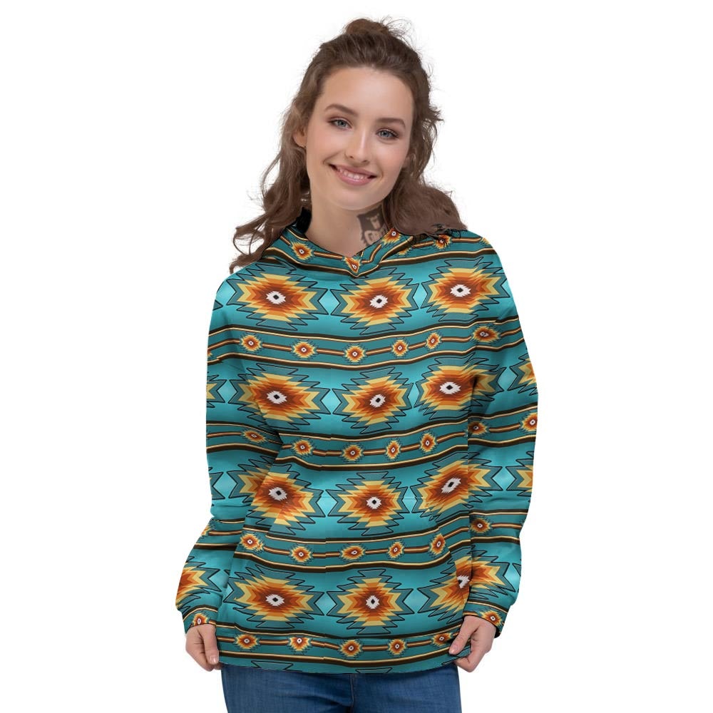Navajo Teal Southwestern Print Pattern Women's Hoodie-grizzshop