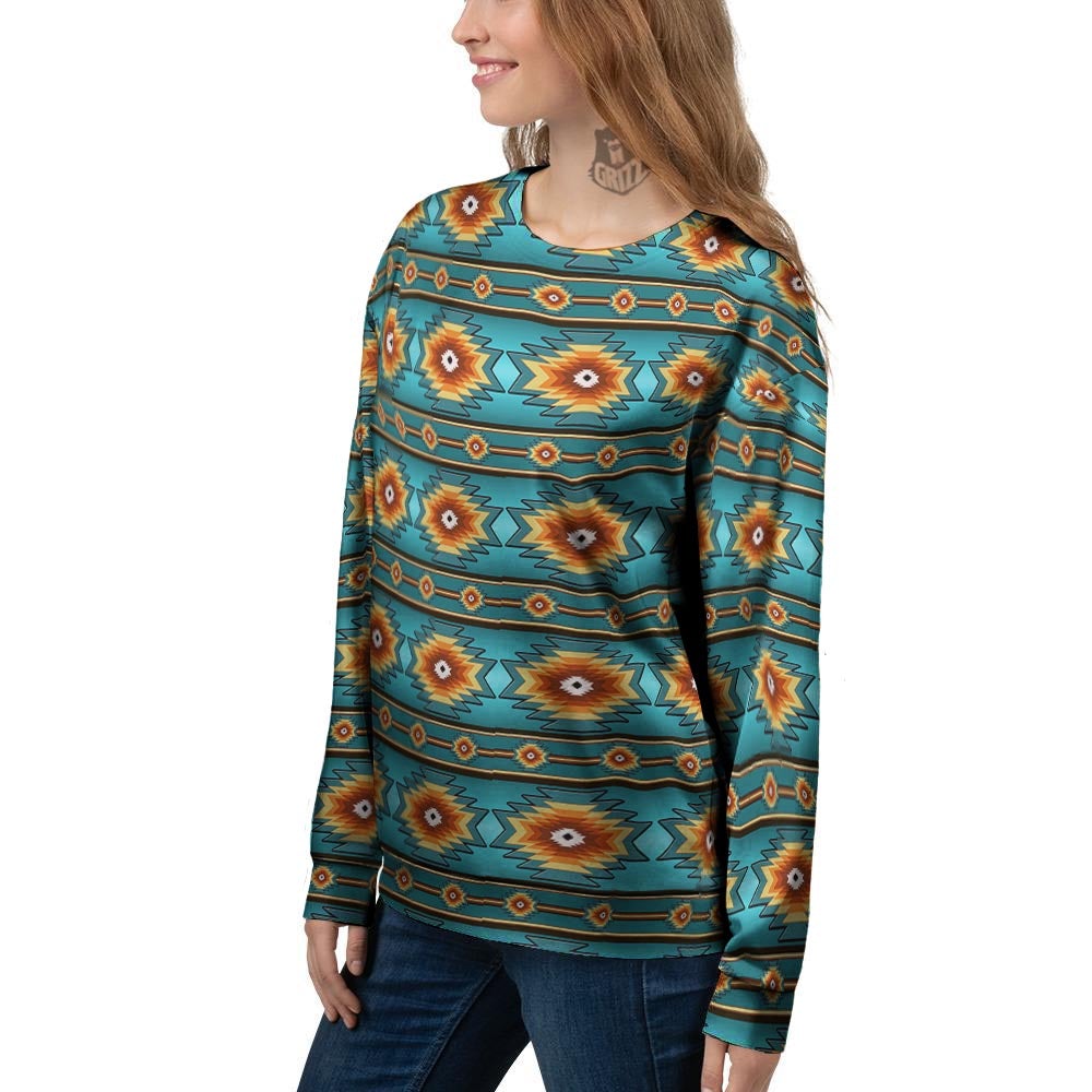 Navajo Teal Southwestern Print Pattern Women's Sweatshirt-grizzshop
