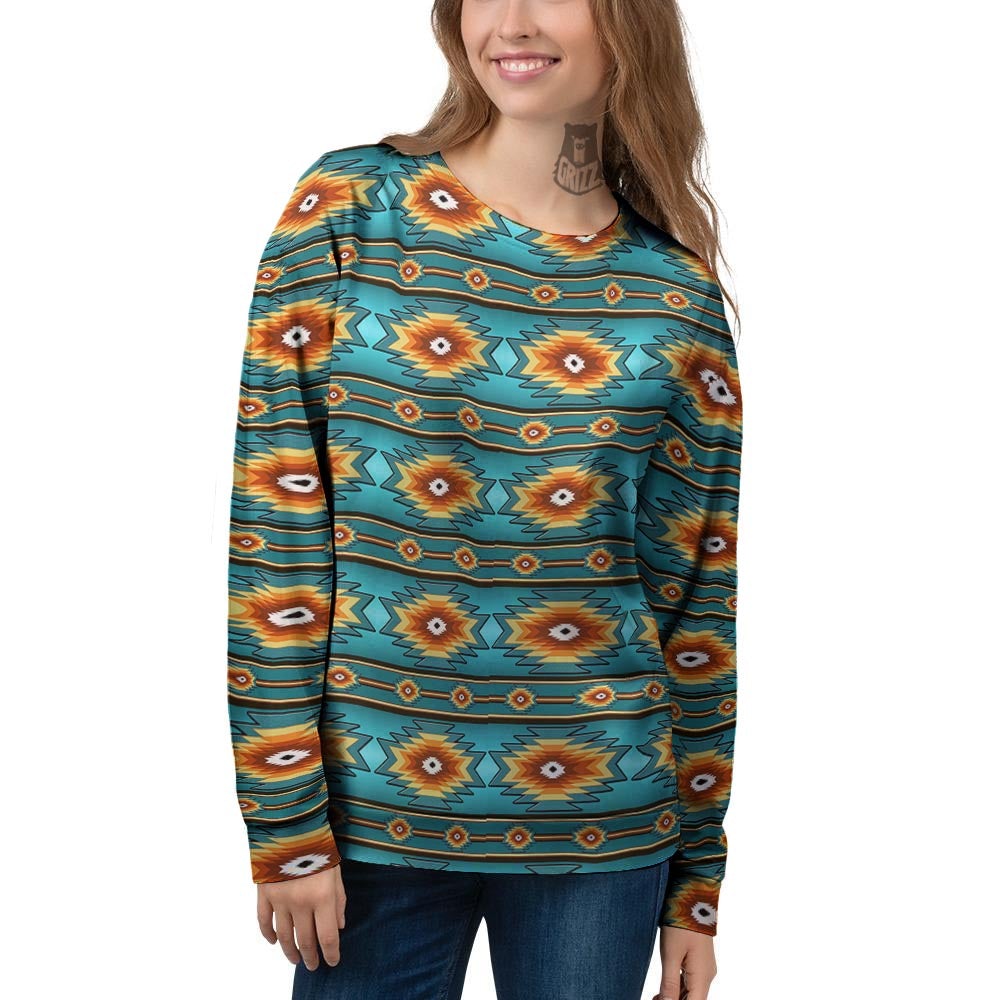 Navajo Teal Southwestern Print Pattern Women's Sweatshirt-grizzshop