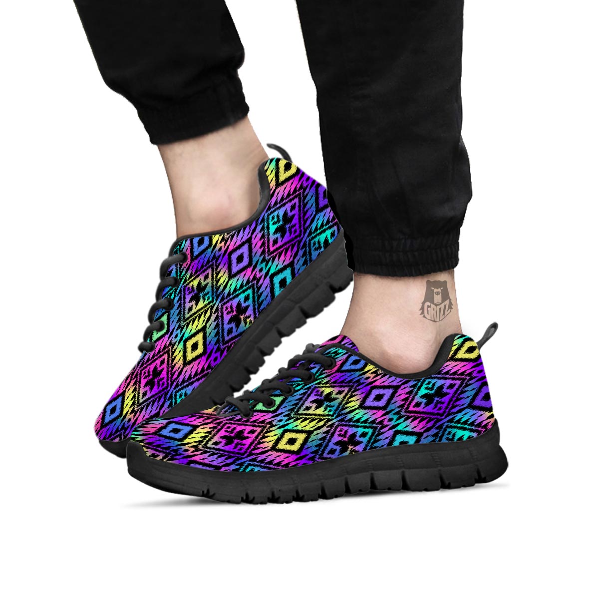 Navajo Triangle Ethnic Print Pattern Black Sneaker-grizzshop