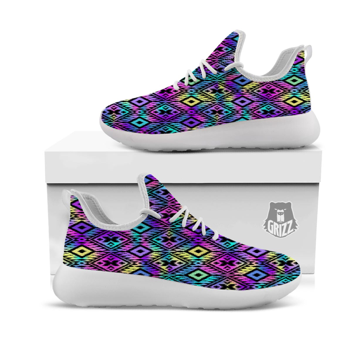 Navajo Triangle Ethnic Print Pattern White Athletic Shoes-grizzshop