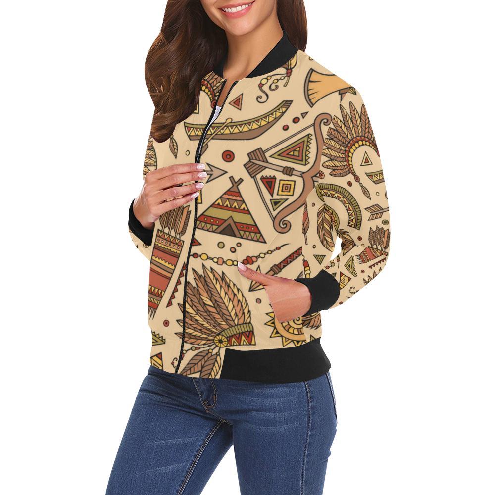 Navajo Tribal Aztec Native Indians American Print Women Casual Bomber Jacket-grizzshop