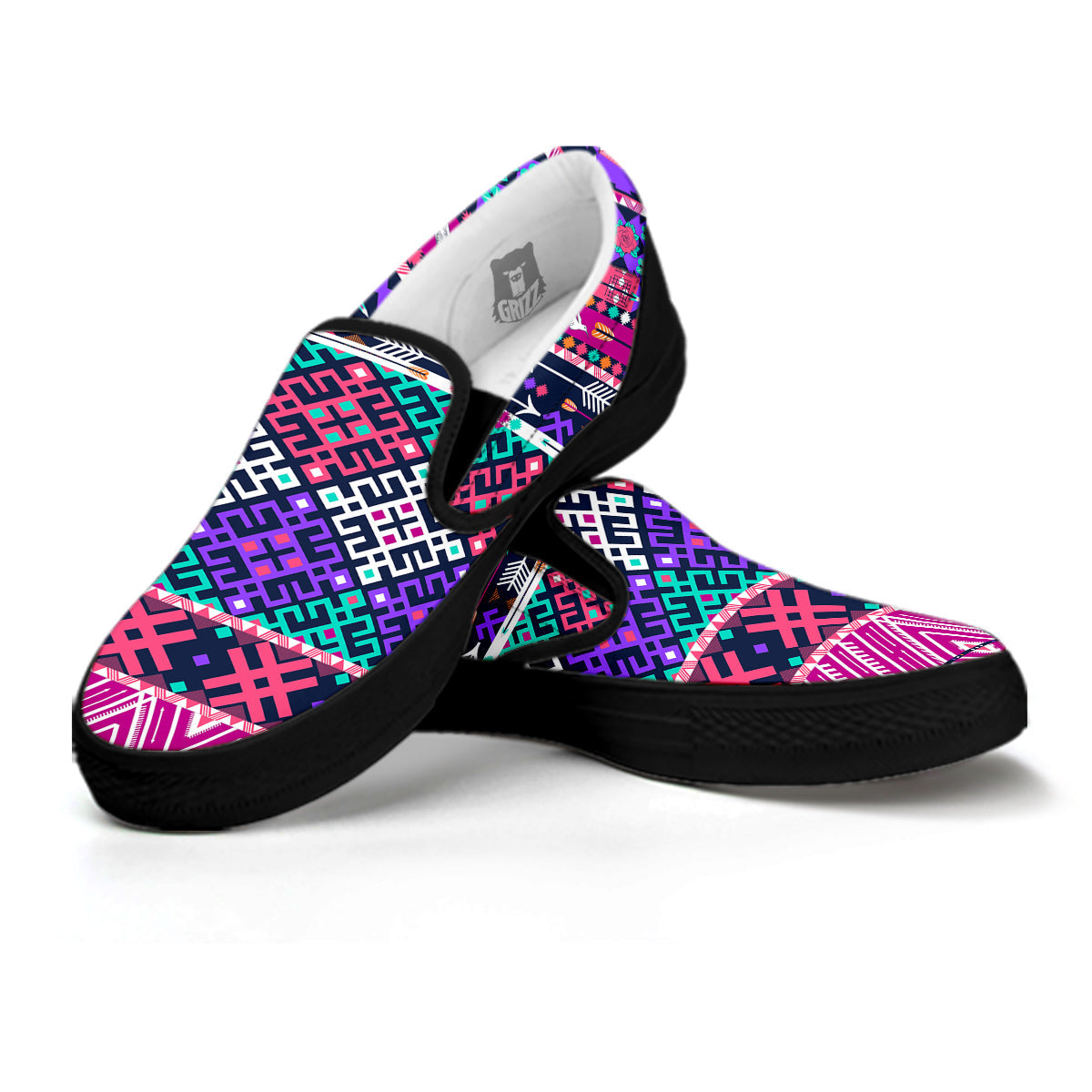 Navajo Tribal Colorful Native Print Black Slip On Shoes-grizzshop