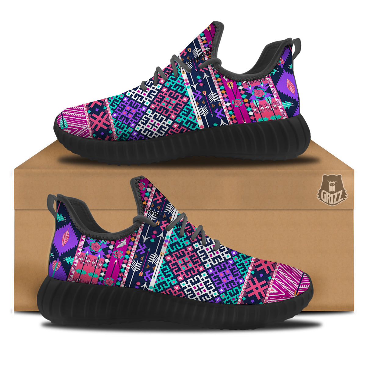 Navajo Tribal Colorful Native Print Black Walking Shoes-grizzshop