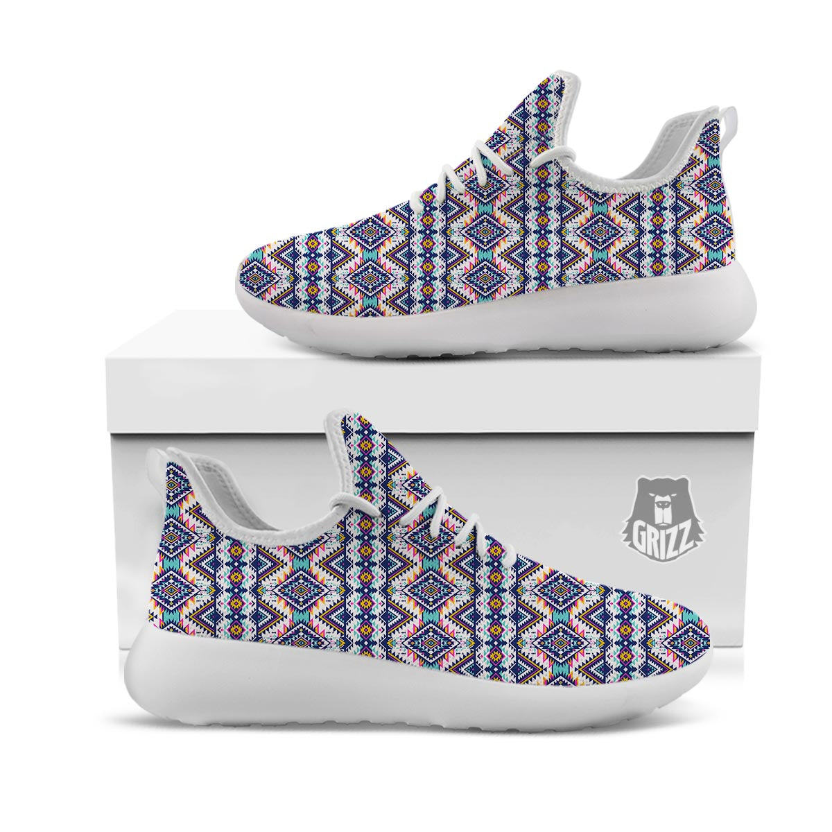 Navajo Tribal Pendleton Print Pattern White Athletic Shoes-grizzshop