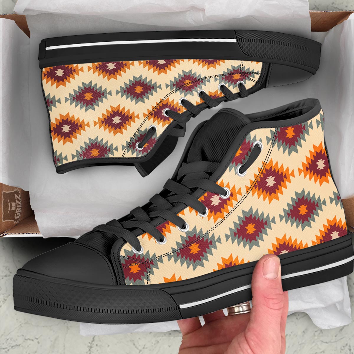 Navajo Tribal Southwestern Print Pattern Black High Top Shoes-grizzshop