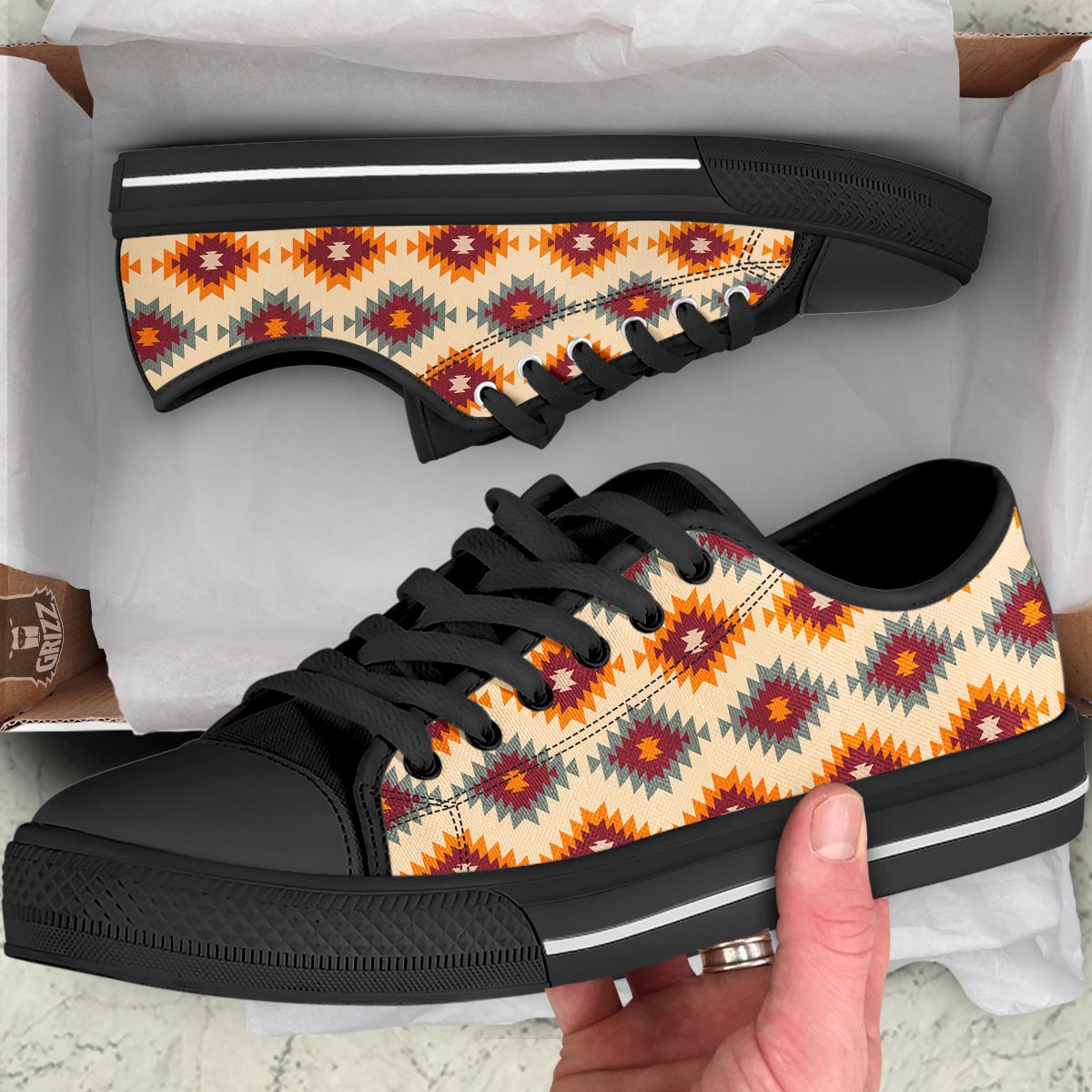 Navajo Tribal Southwestern Print Pattern Black Low Top Shoes-grizzshop