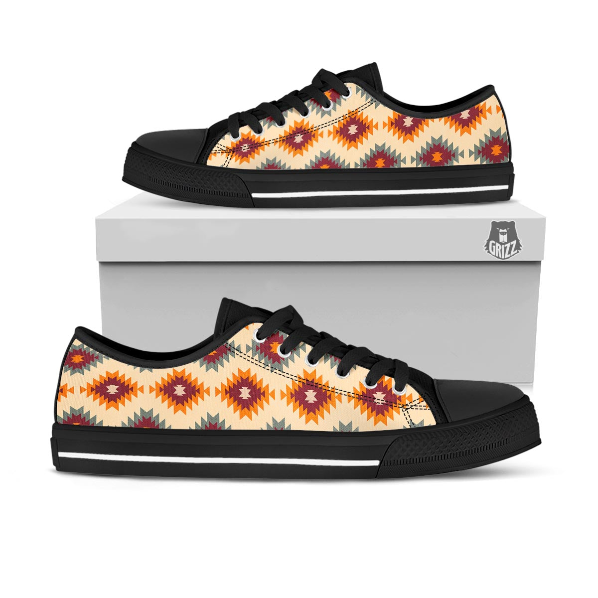 Navajo Tribal Southwestern Print Pattern Black Low Top Shoes-grizzshop