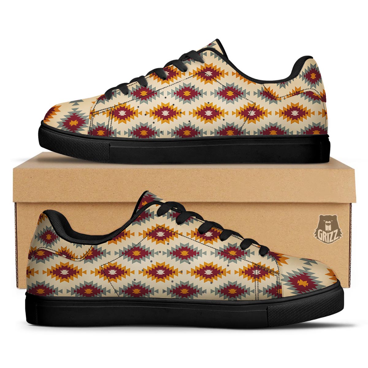 Navajo Tribal Southwestern Print Pattern Black Low Top Sneakers-grizzshop