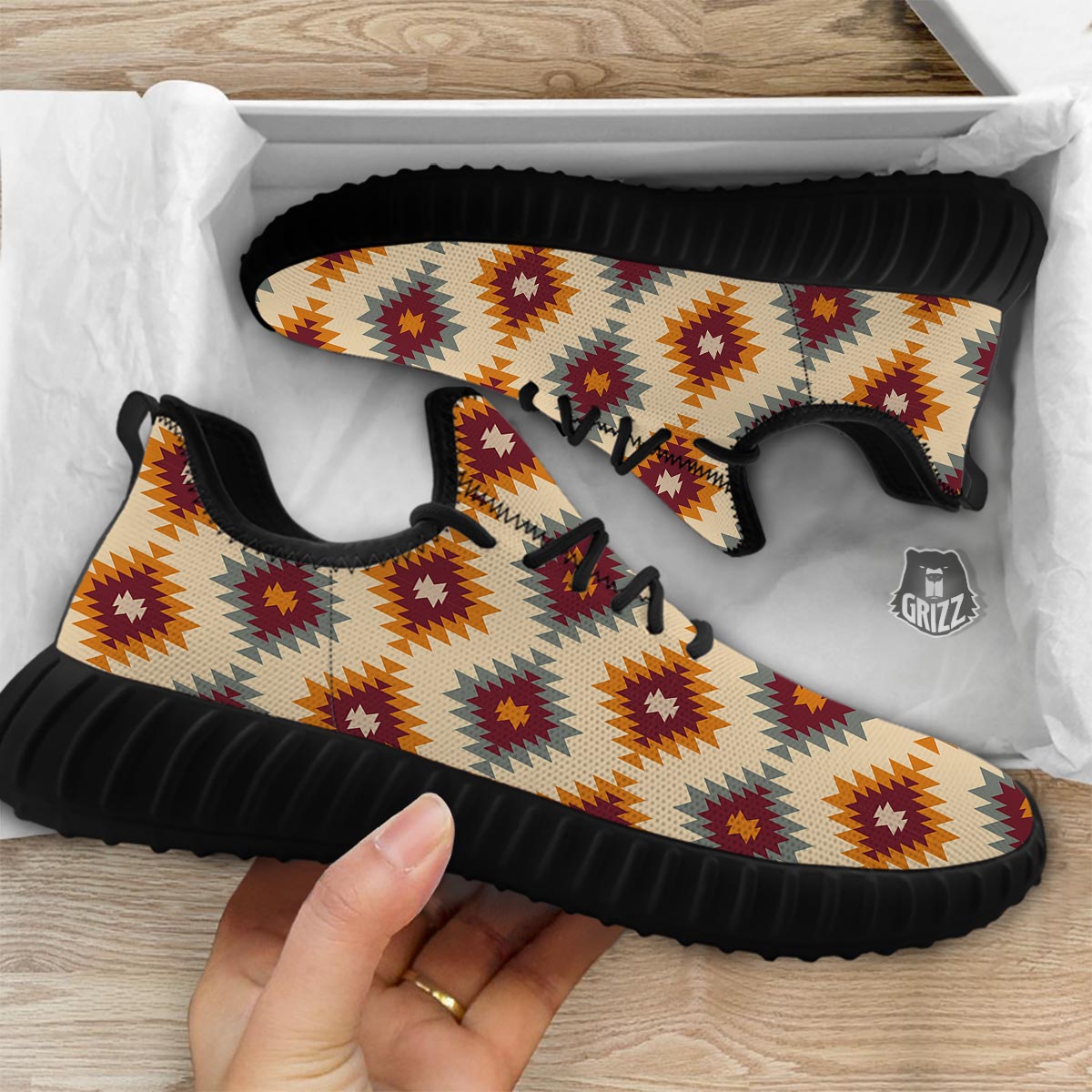 Navajo Tribal Southwestern Print Pattern Black Walking Shoes-grizzshop