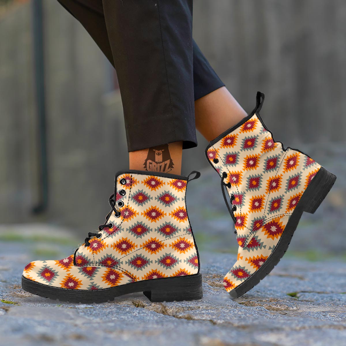 Navajo Tribal Southwestern Print Pattern Leather Boots-grizzshop