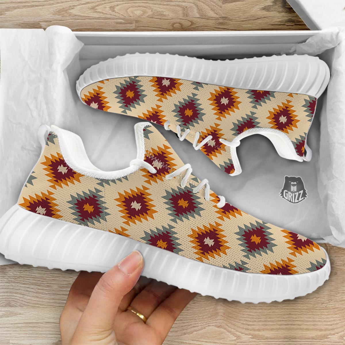 Navajo Tribal Southwestern Print Pattern White Walking Shoes-grizzshop