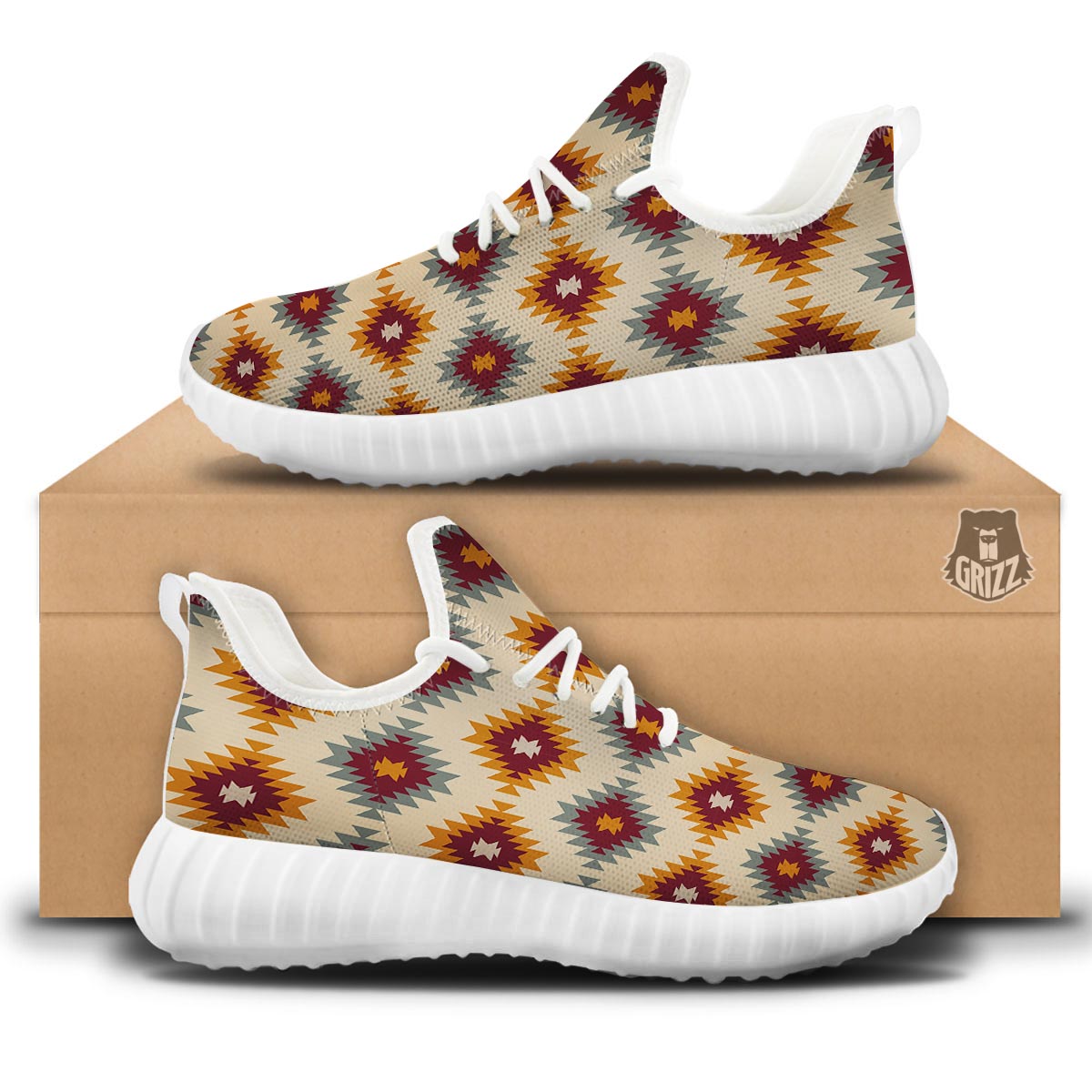 Navajo Tribal Southwestern Print Pattern White Walking Shoes-grizzshop