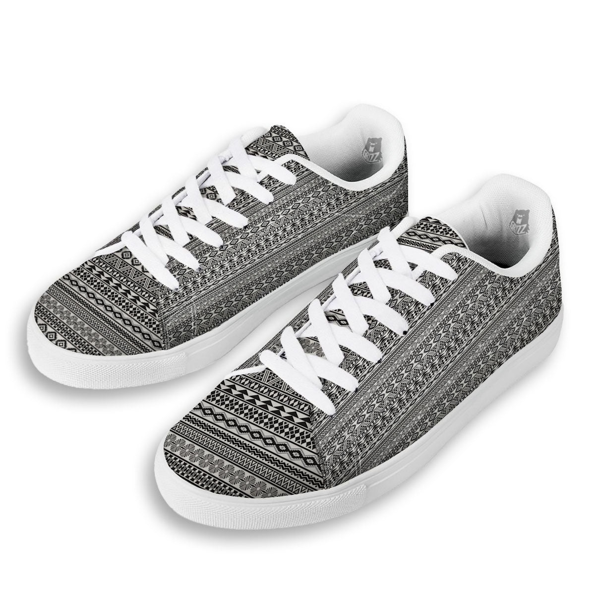 Navajo Tribal White And Black Print White Low Top Sneakers-grizzshop