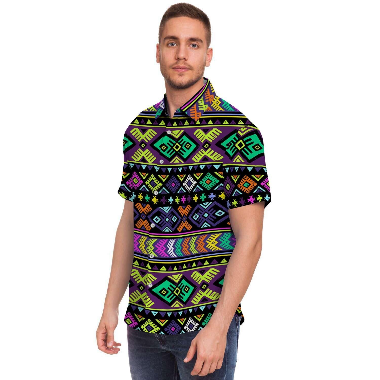 Navojo Aztec Print Men's Short Sleeve Shirt-grizzshop