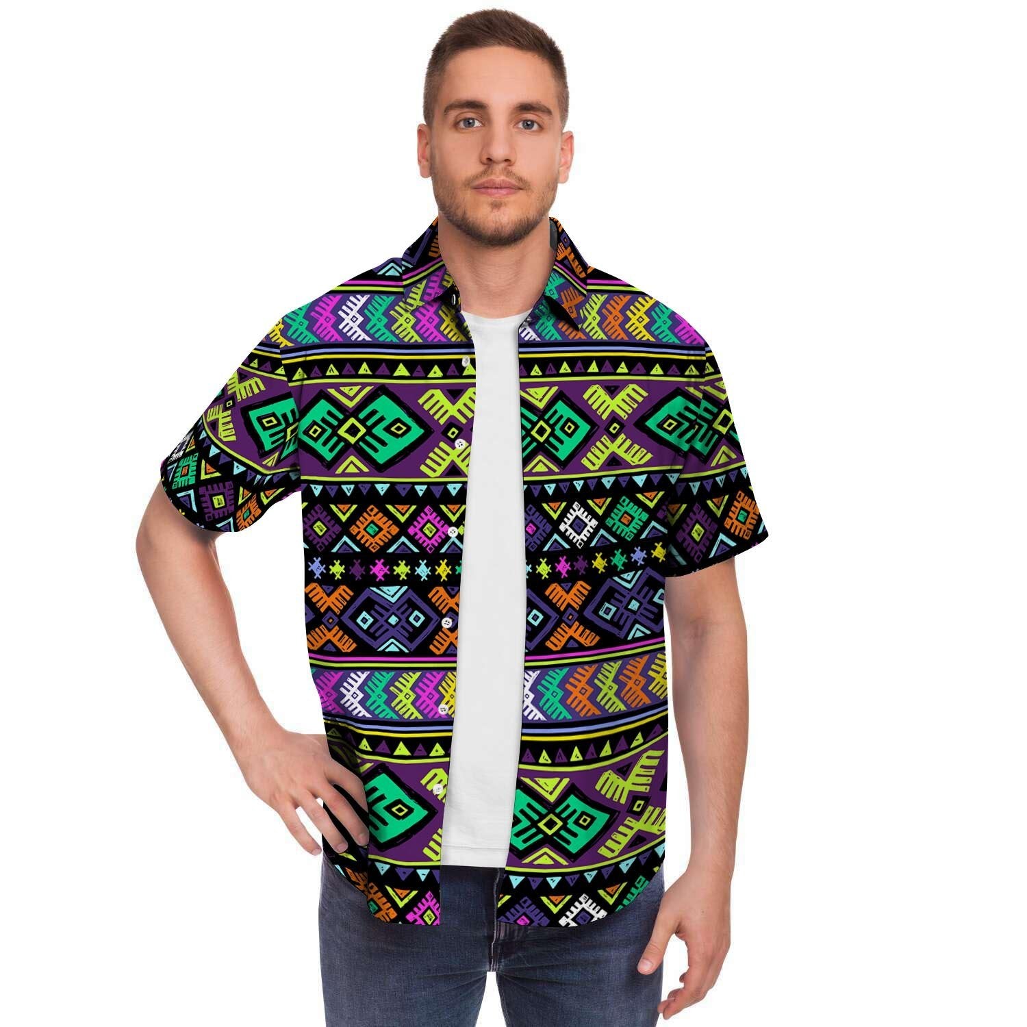 Navojo Aztec Print Men's Short Sleeve Shirt-grizzshop