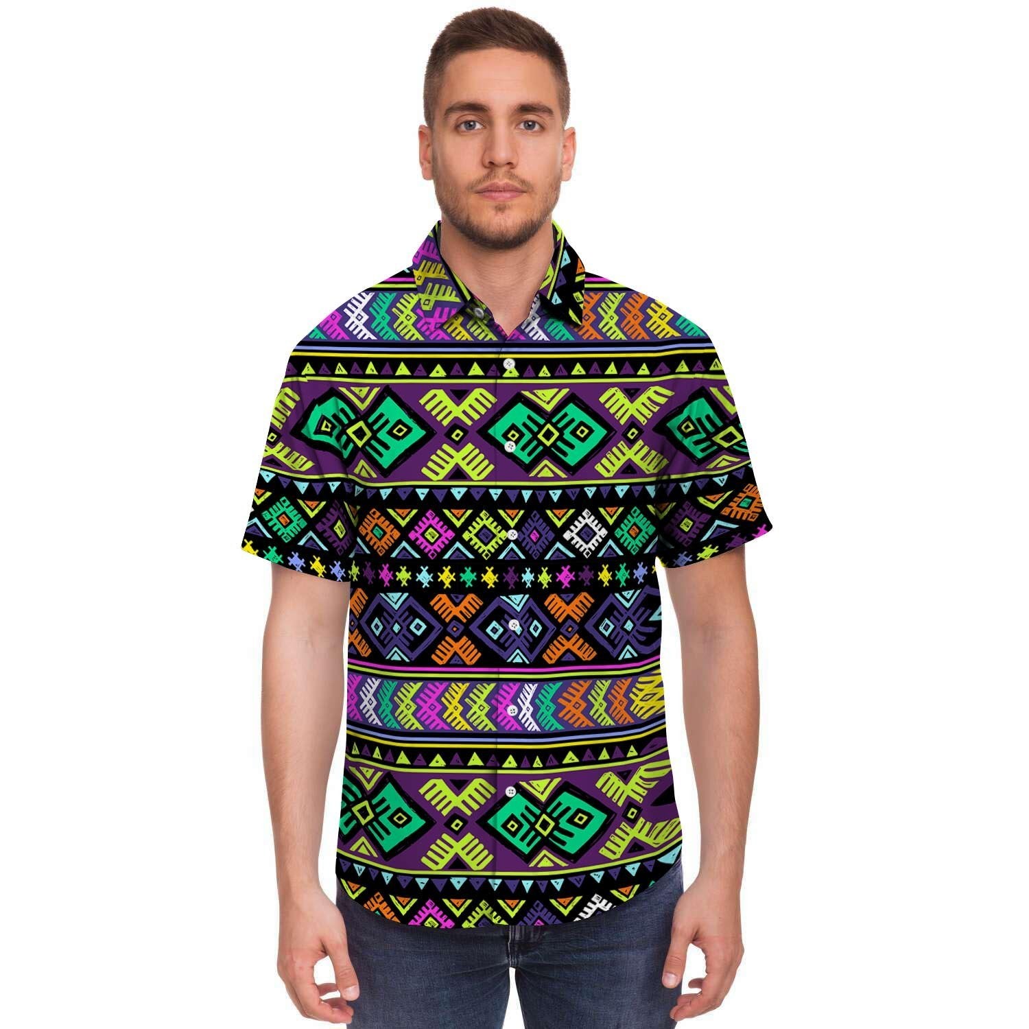 Navojo Aztec Print Men's Short Sleeve Shirt-grizzshop