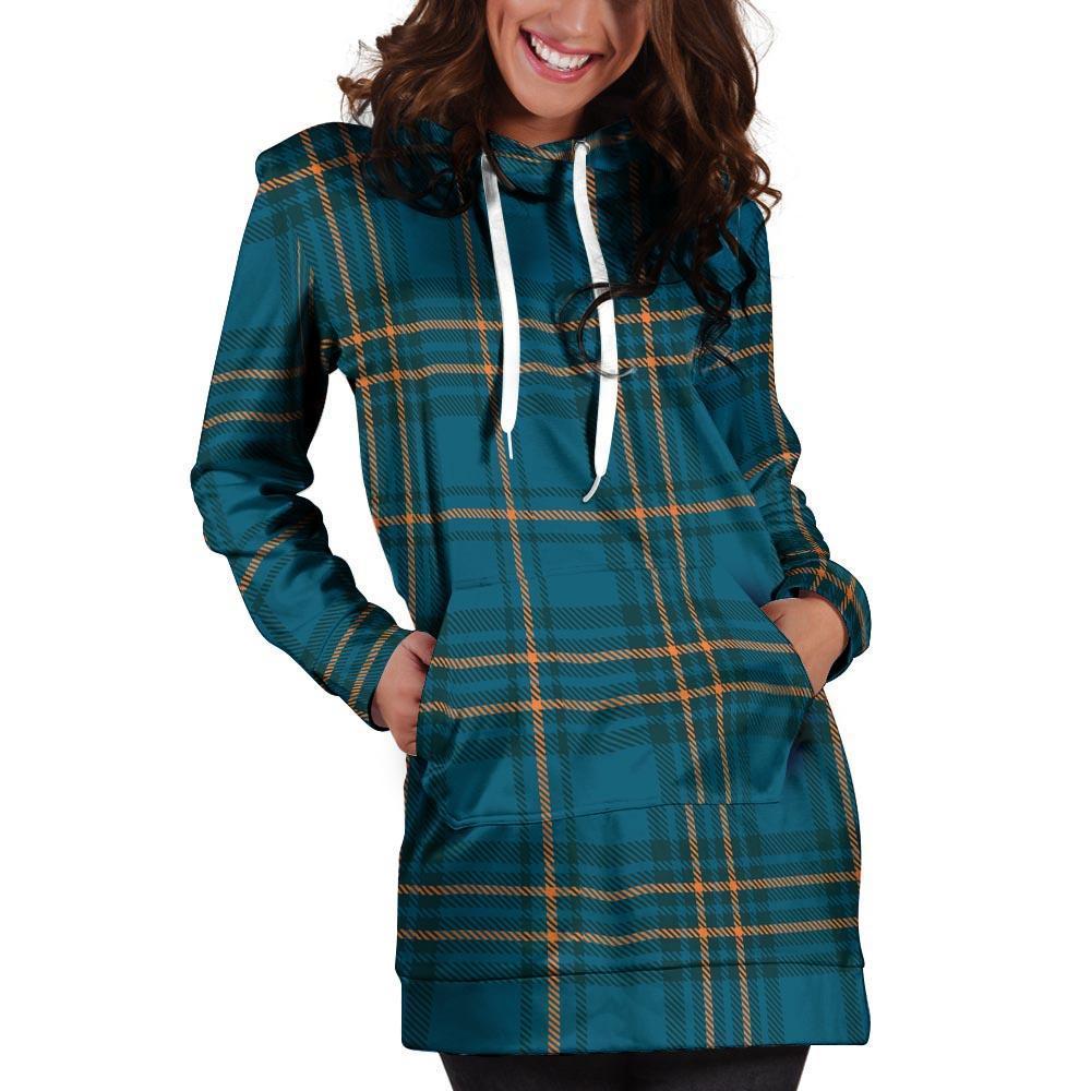 Navy Blue Plaid Tartan Hoodie Dress-grizzshop