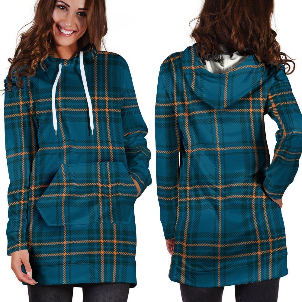 Navy Blue Plaid Tartan Hoodie Dress-grizzshop