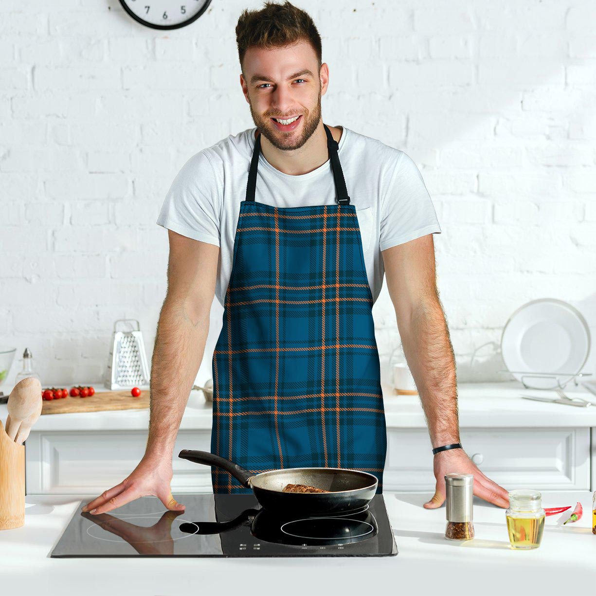 Navy Blue Plaid Tartan Men's Apron-grizzshop