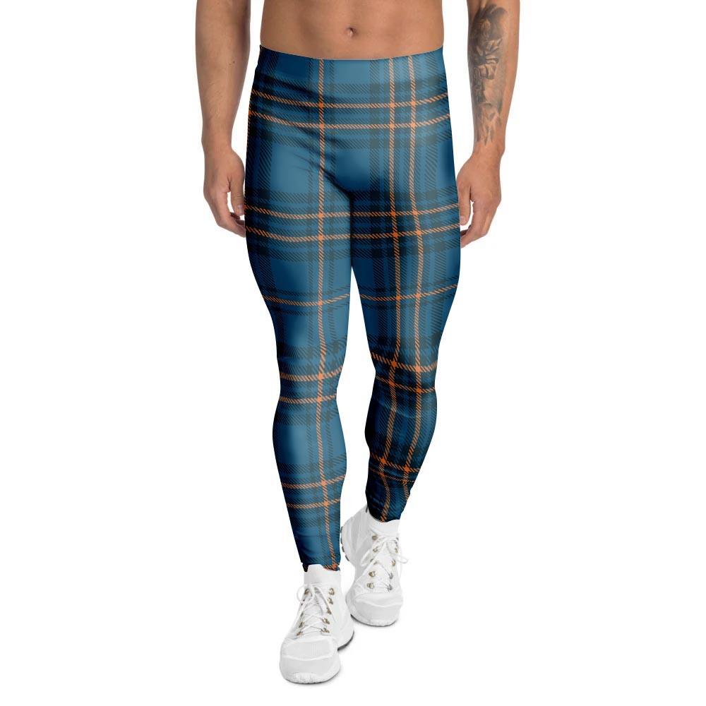 Navy Blue Plaid Tartan Men's Leggings-grizzshop