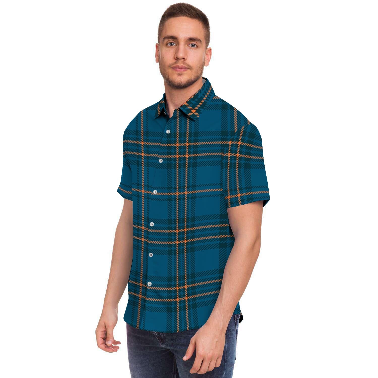 Navy Blue Plaid Tartan Men's Short Sleeve Shirt-grizzshop