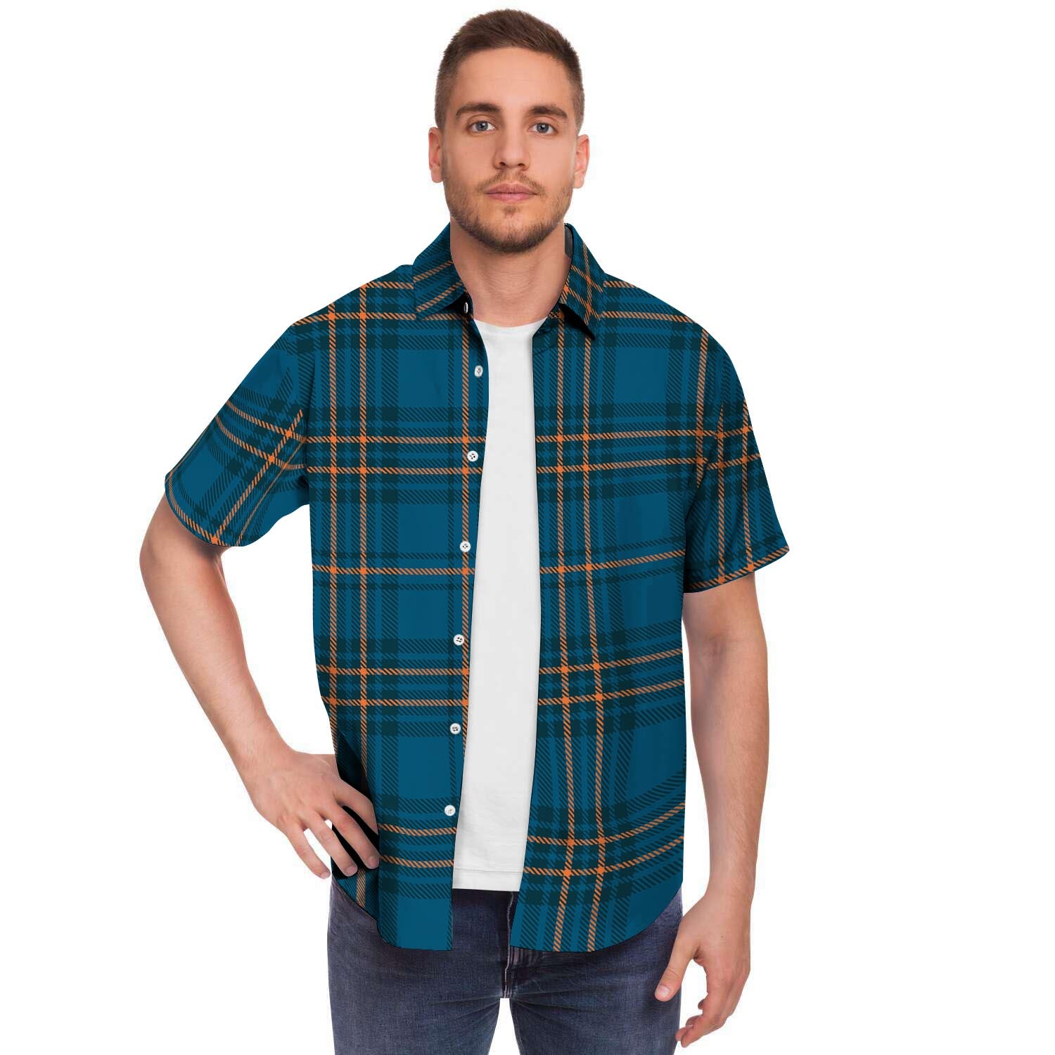 Navy Blue Plaid Tartan Men's Short Sleeve Shirt-grizzshop