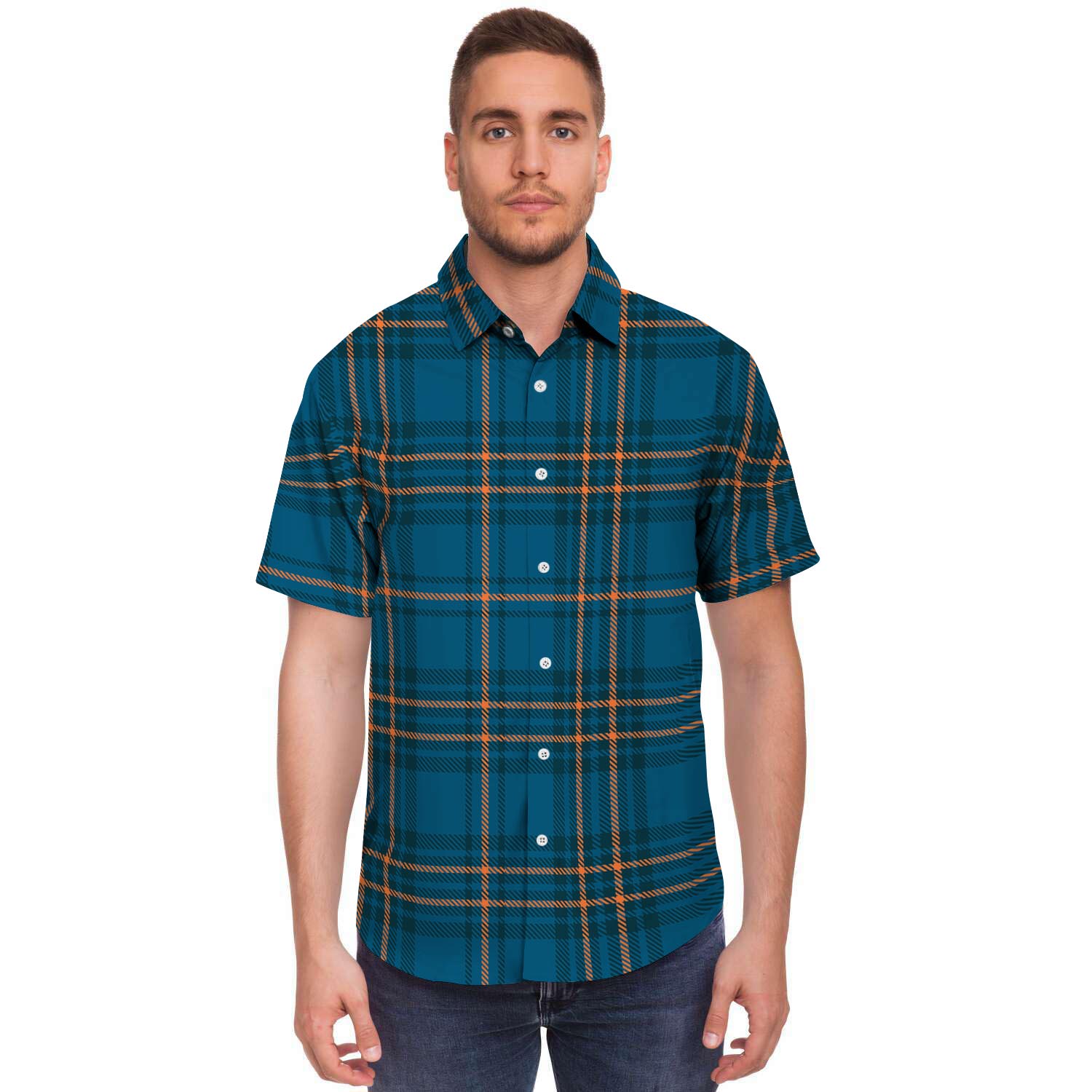 Navy Blue Plaid Tartan Men's Short Sleeve Shirt-grizzshop