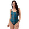 Navy Blue Plaid Tartan One Piece Swimsuite-grizzshop