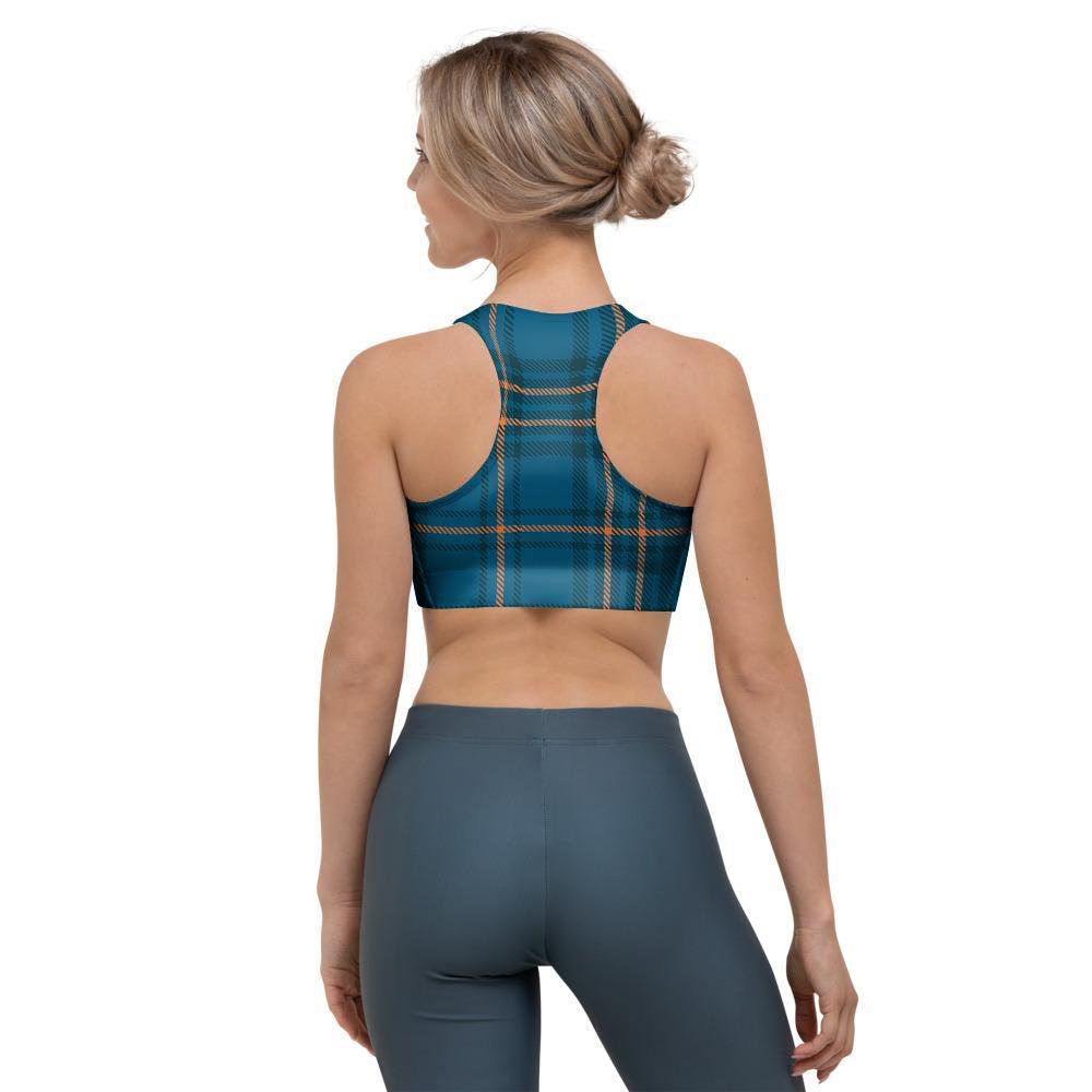 Navy Blue Plaid Tartan Sports Bra-grizzshop