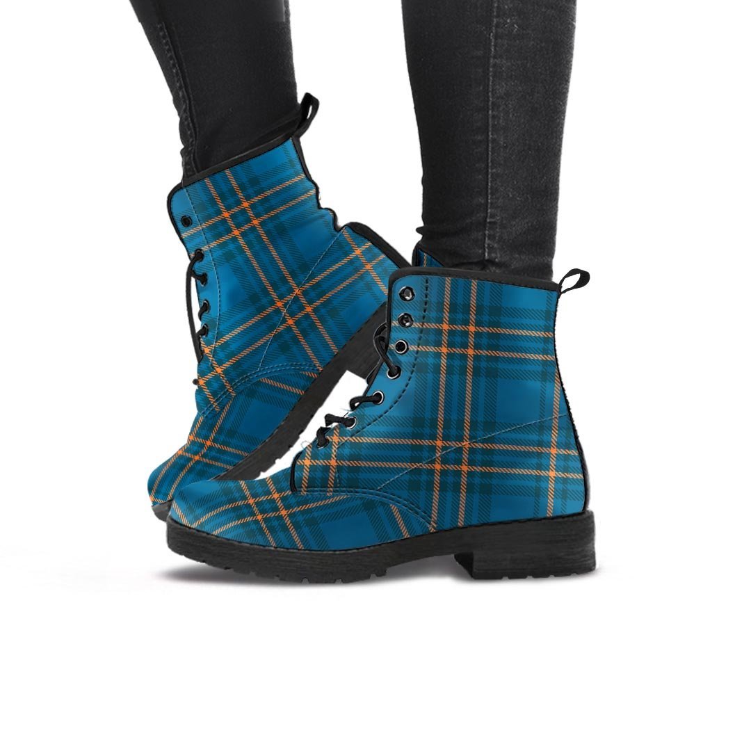 Navy Blue Plaid Tartan Women's Boots-grizzshop