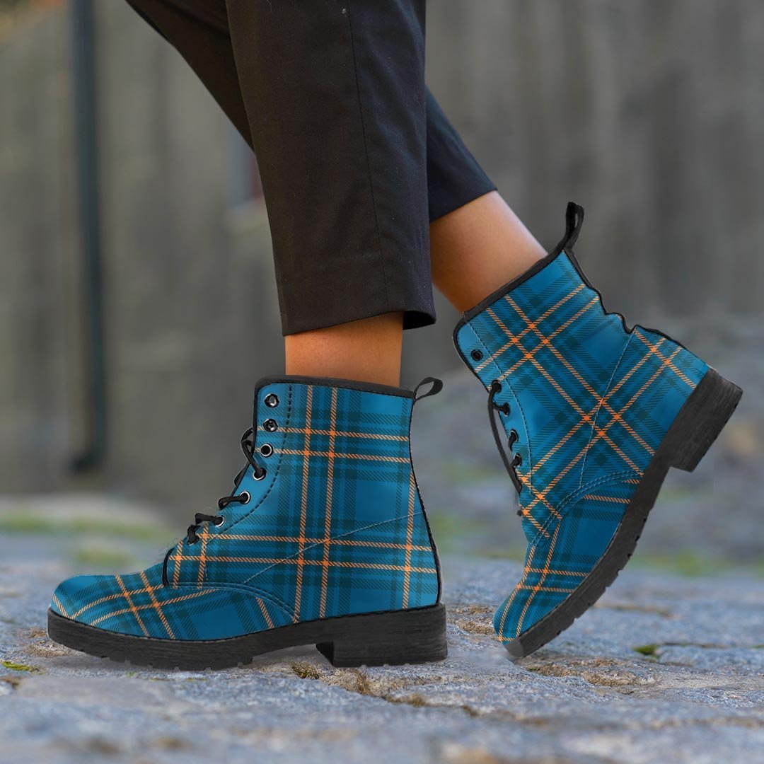 Navy Blue Plaid Tartan Women's Boots-grizzshop