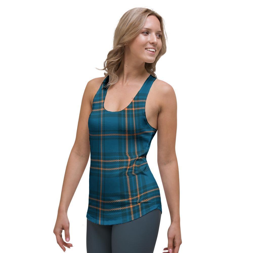 Navy Blue Plaid Tartan Women's Racerback Tank Top-grizzshop