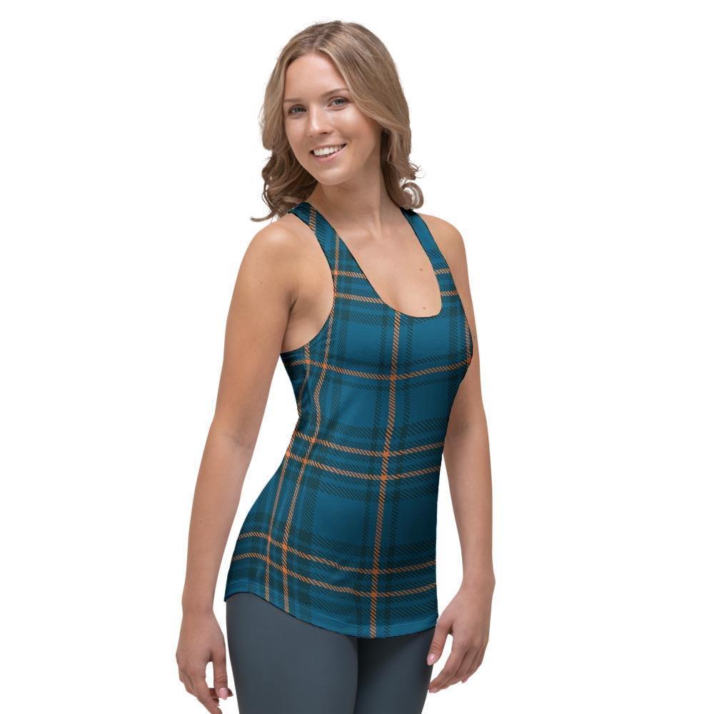 Navy Blue Plaid Tartan Women's Racerback Tank Top-grizzshop