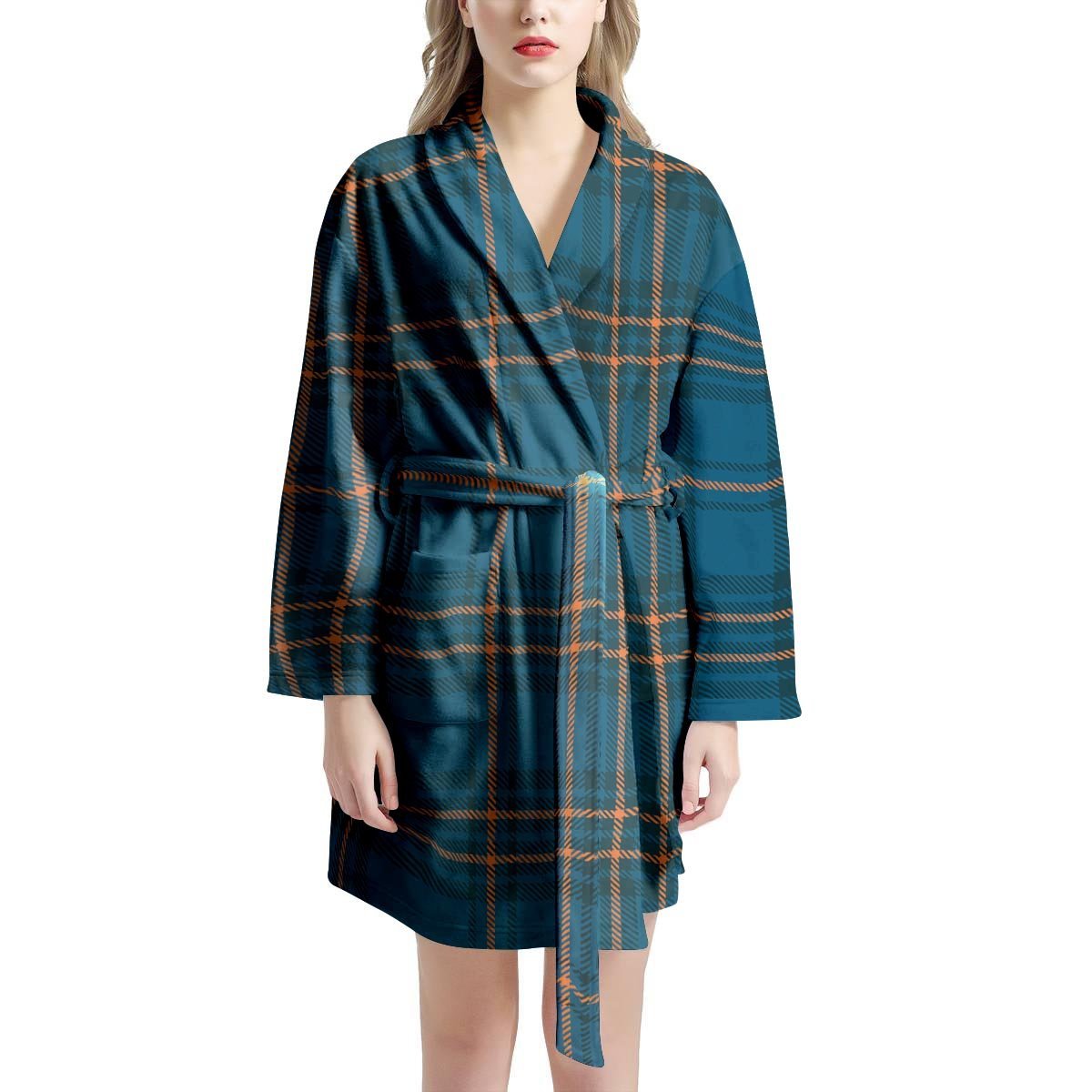 Navy Blue Plaid Tartan Women's Robe-grizzshop