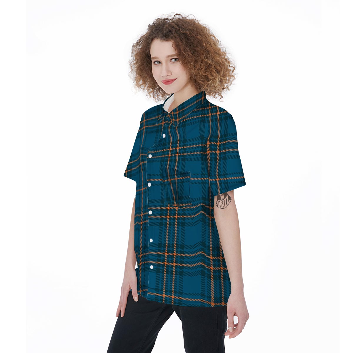 Navy Blue Plaid Tartan Women's Short Sleeve Shirts-grizzshop