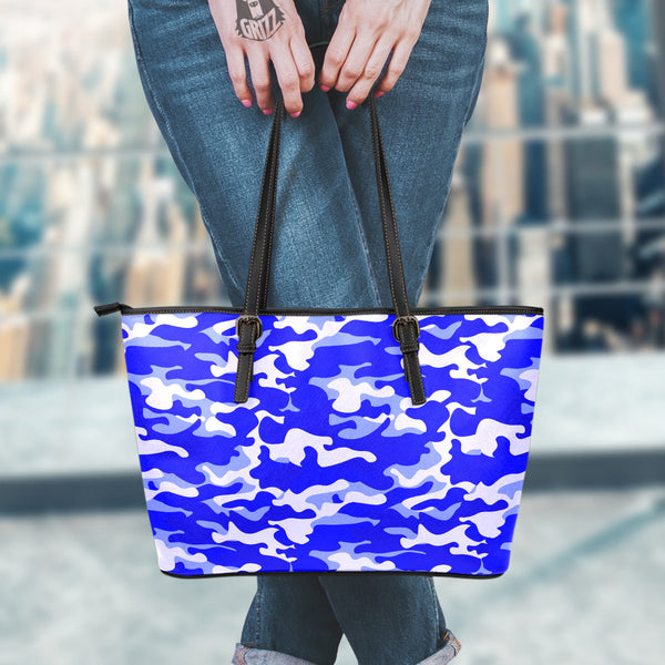 Navy Camo And Camouflage Print Leather Tote Bag Grizzshopping