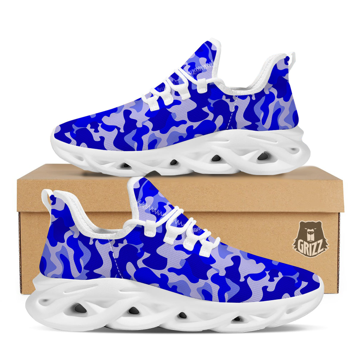 Navy Camo And Camouflage Print White Running Shoes-grizzshop