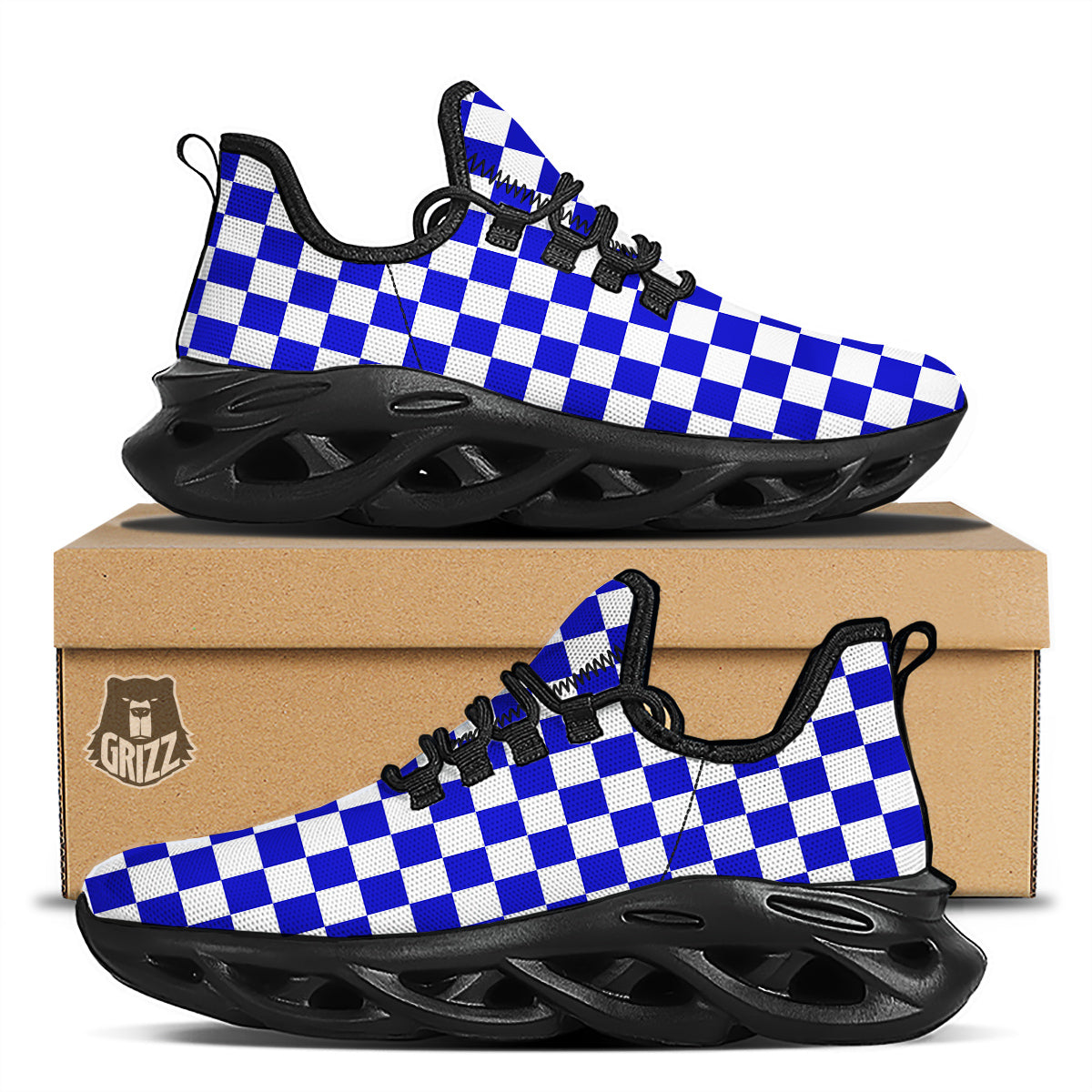 Navy Checkered Flag Print Black Running Shoes-grizzshop