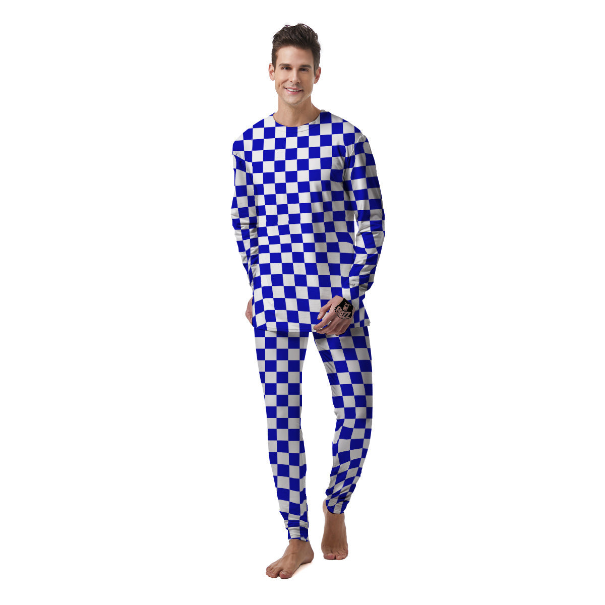 Navy Checkered Flag Print Men's Pajamas-grizzshop