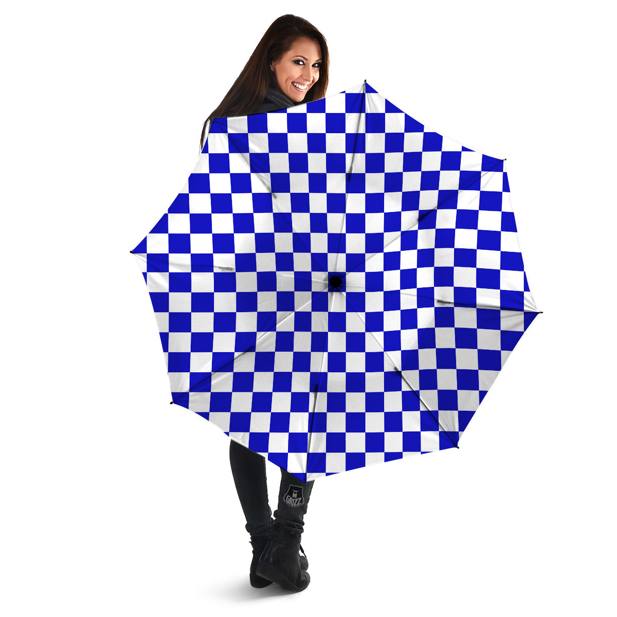 Navy Checkered Flag Print Umbrella-grizzshop